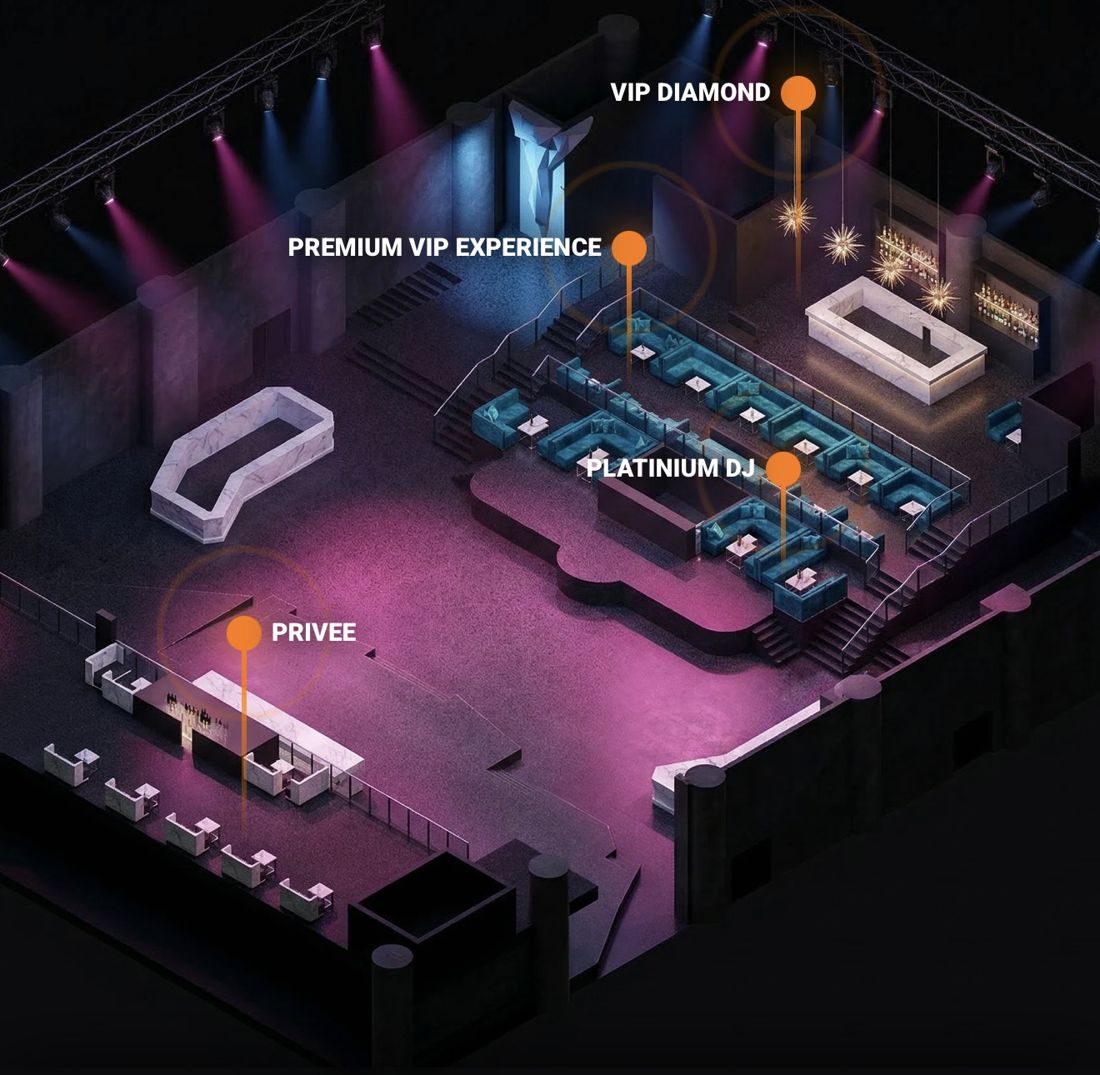 Mappa del BCM con le zone Privee, Premium VIP Experience, Platinium DJ e VIP Diamond